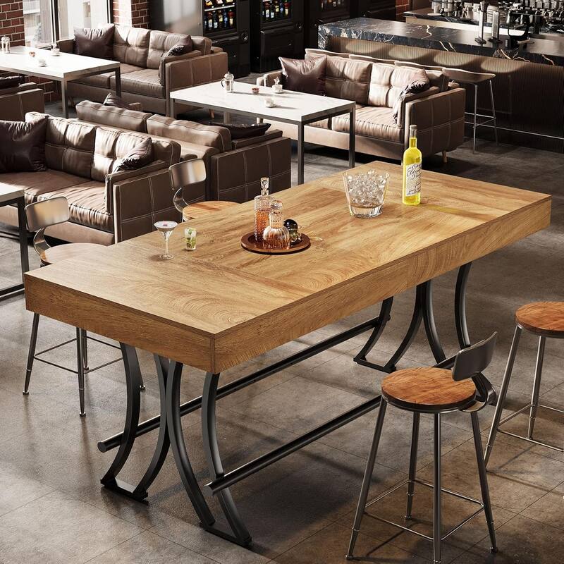 63" Tall Bar Pub Table with Metal Footrest, Rectangular Counter Height Kitchen Dining Table, Industrial Home Bar Unit