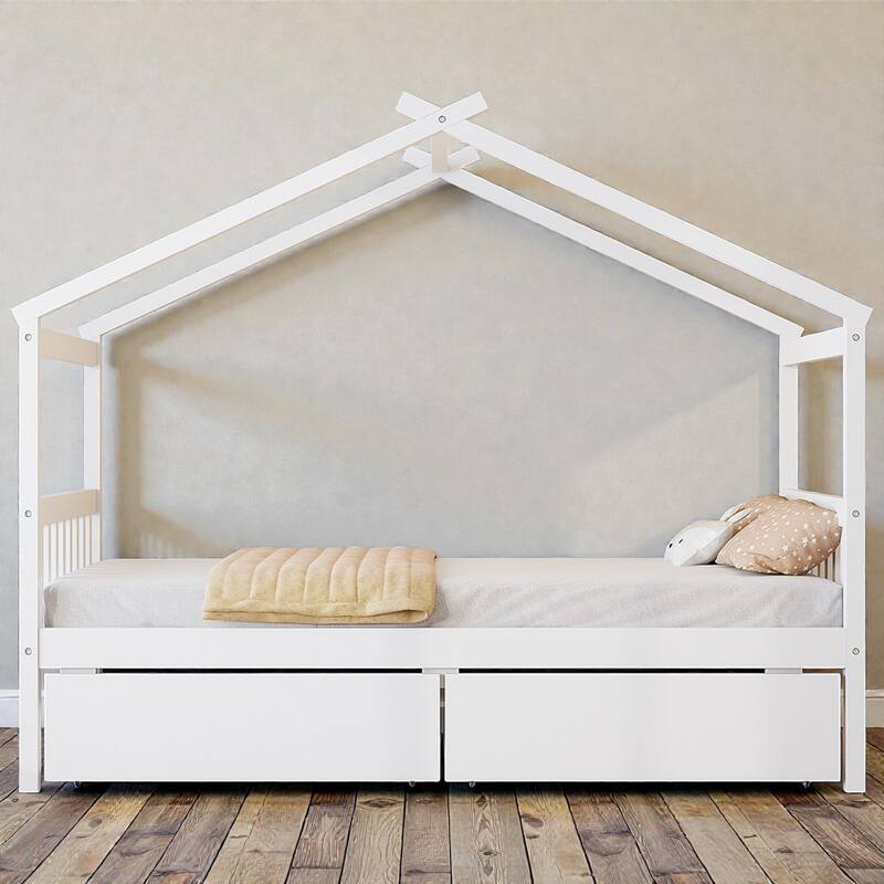 Twin/Full Size Wooden House Bed with Roof and 2 Drawers, Kids Platform Bed with Storage, Solid Pine Frame