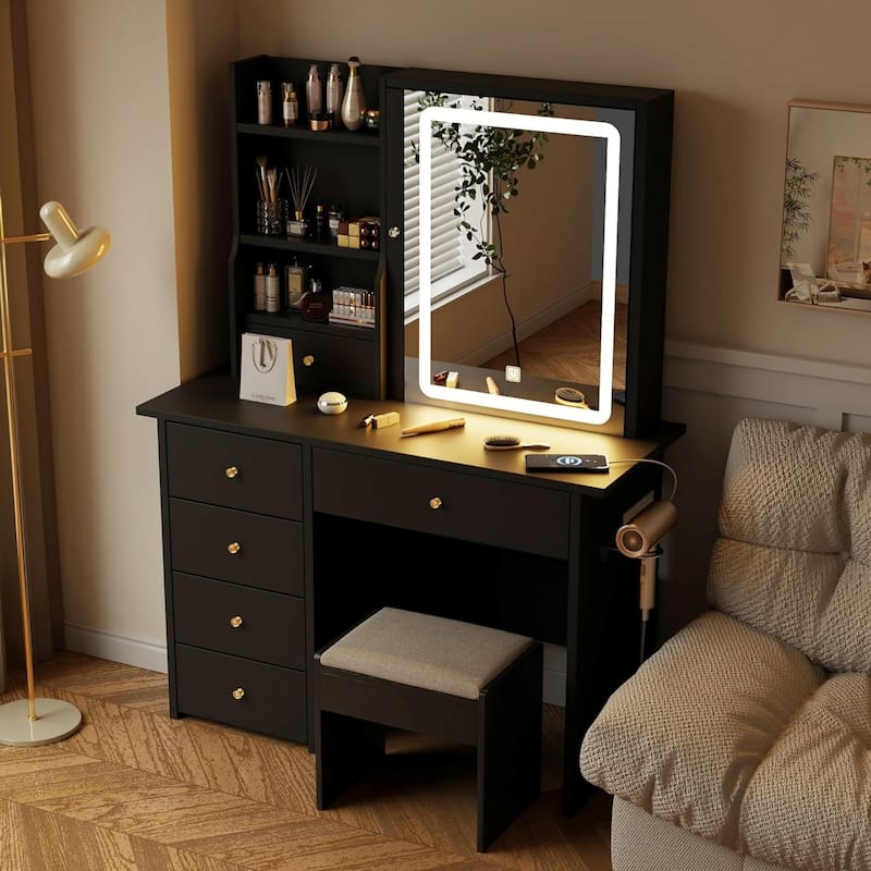 XINMICS Makeup Vanity Desk with Mirror and Lights & Charging Station