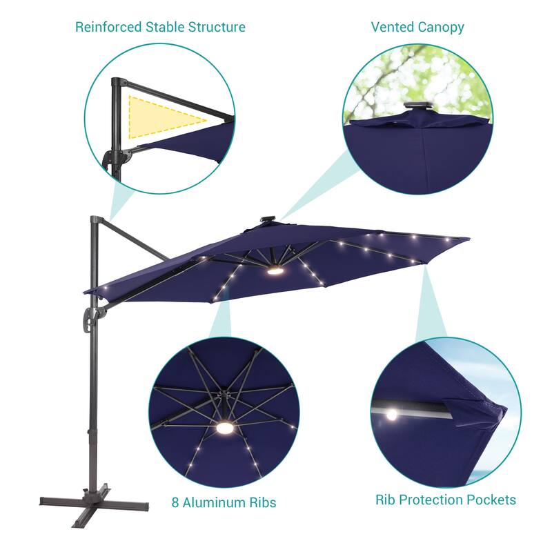BONOSUKI LED 10FT Patio Cantilever 360 Roration Offset Umbrella