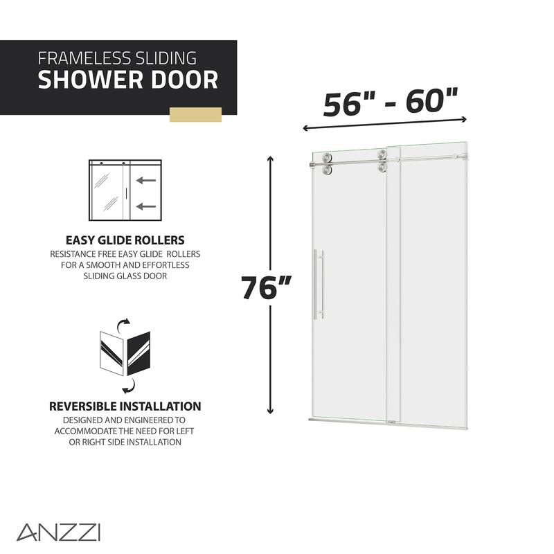 ANZZI Series 56 to 60 in. x 76 in. Frameless Shower Door with Sliding with Tsunami Guard Tempered Clear Glass