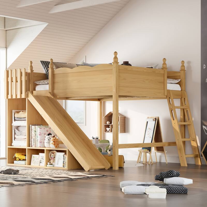 Fun Play Loft Bed for Kids with Open Shelves and Wardrobe, Solid Wood Storage Bed Frame with with Detachable Slide and Ladder
