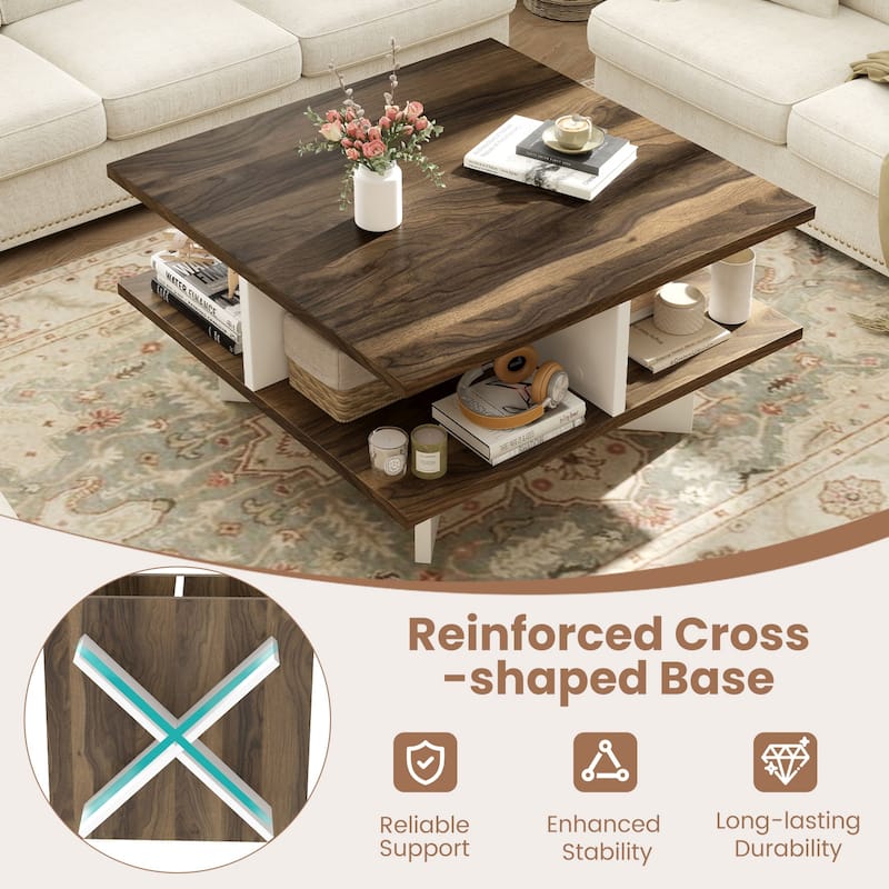 Gymax 2-Tier Square Coffee Table w/ Storage Farmhouse Modern Accent