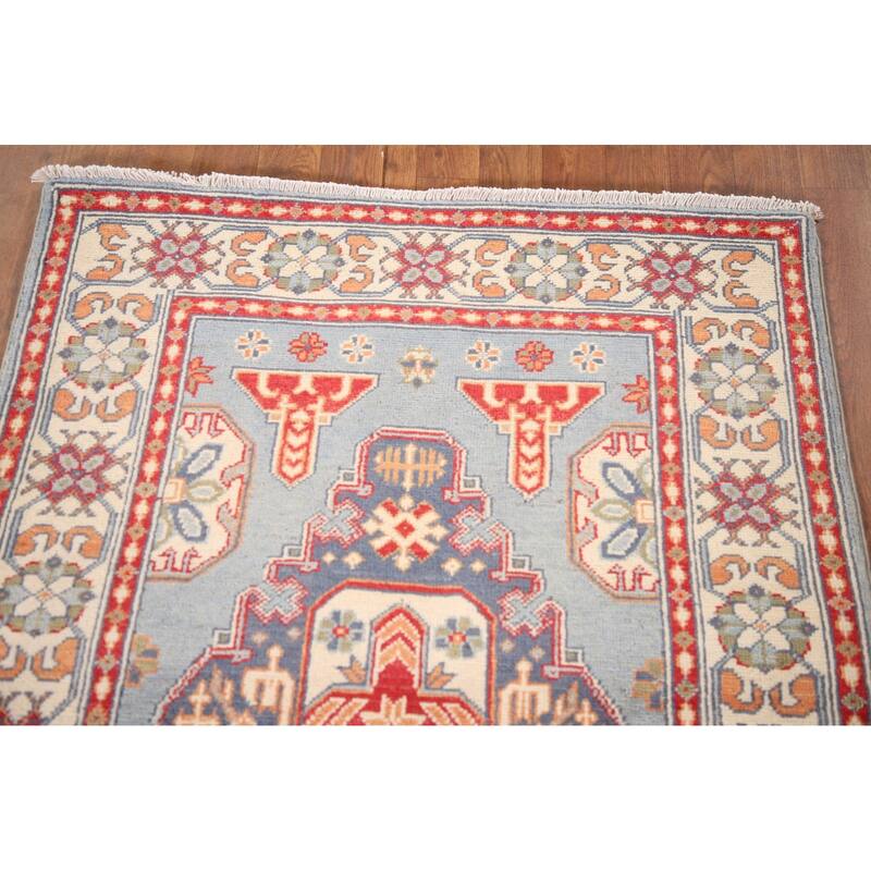 Light Blue Geometric Kazak Oriental Rug Handmade Wool Carpet - 3'2"x 4'8"