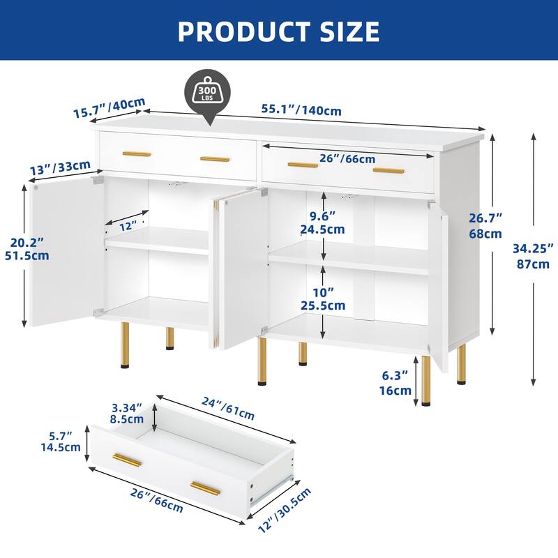 Moasis 55'' Sideboard Buffet Cabinets with 2 Large Drawer Kitchen Storage Cabinets, Wood Coffee Bar Tables