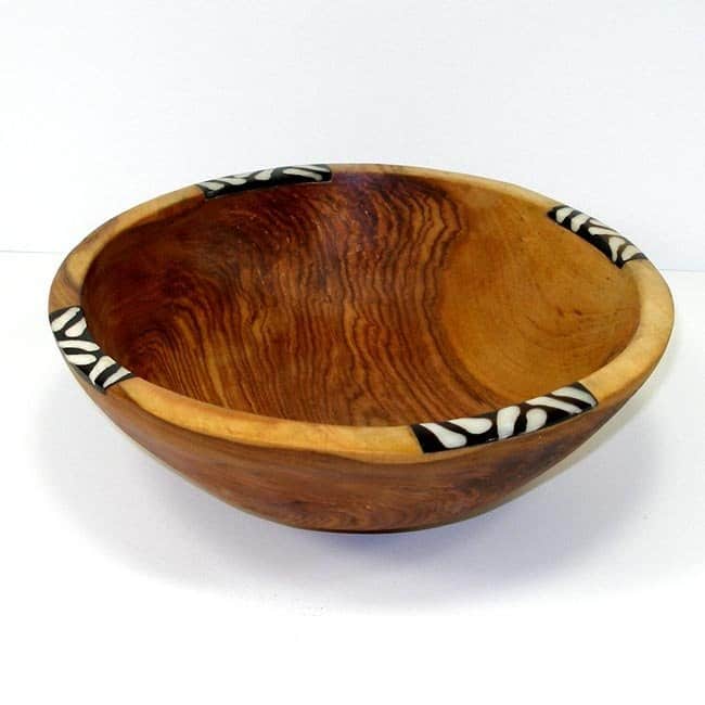 Hand-carved Rustic Olive Wood Bowl, Handmade in Kenya - 10" - Bone Inlaid