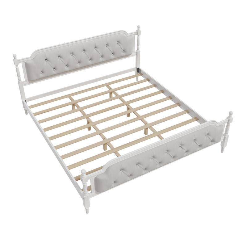 Traditional Style Solid Wood Bed Frame with Upholstered Tufted Headboard,No Box Spring Needed