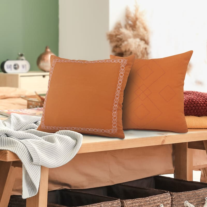 Handwoven Embroidered Border Square Throw Pillow - 20" - Cinnamon Orange