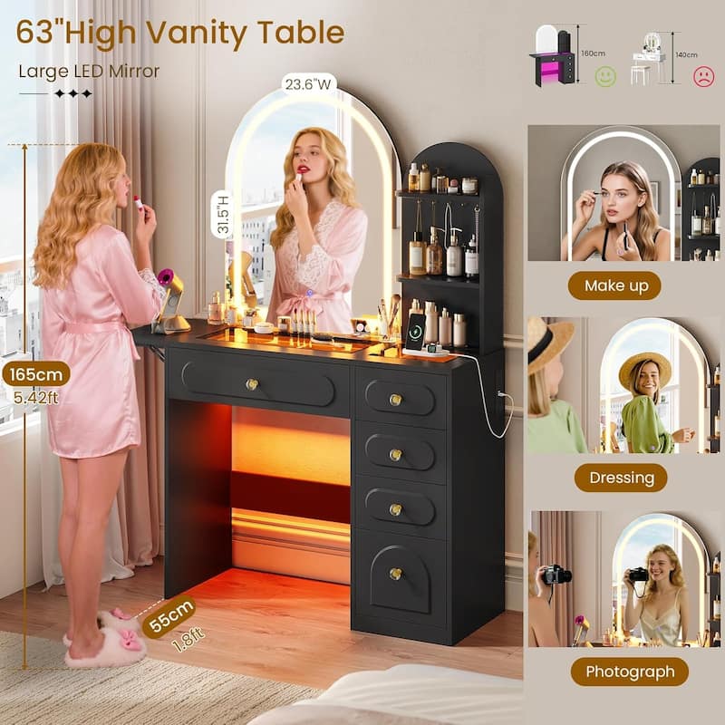 Vanity Desk with Large Mirror and LED Lights 5 Drawers Shelves Glass Top