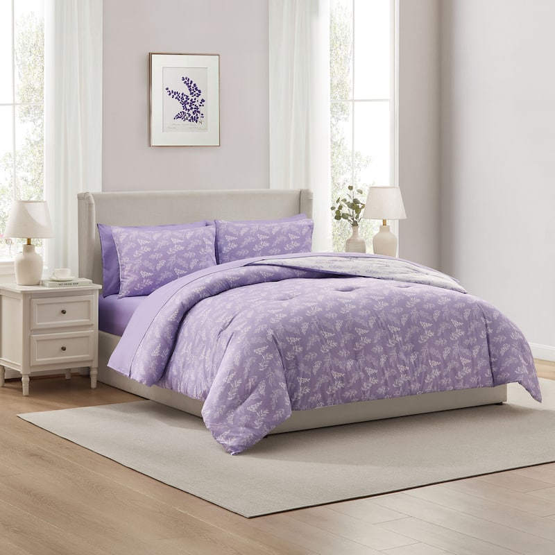 Empyrean 7 Pc Botanical Comforter Set with Sheets, Soft Breathable Lightweight Bedding Bag - Lavender/Off White - King