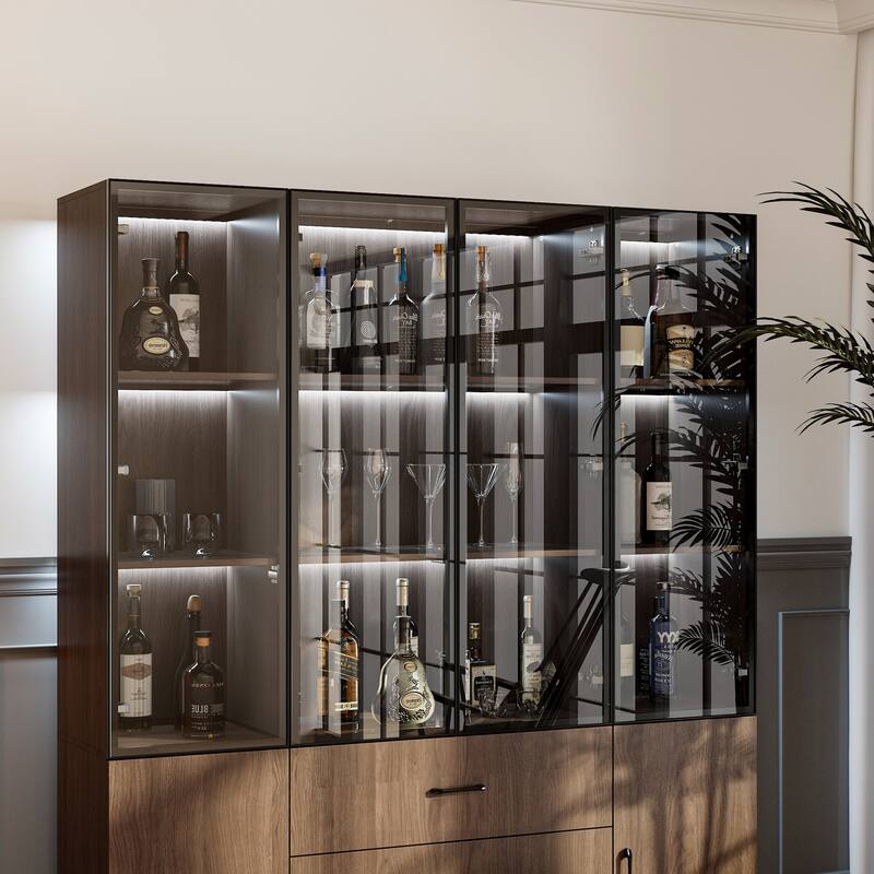 Bookshelves Bookcase Modular Glass Display Cabinet with LED Lights, Dark Wood Storage Combination Cabinet System