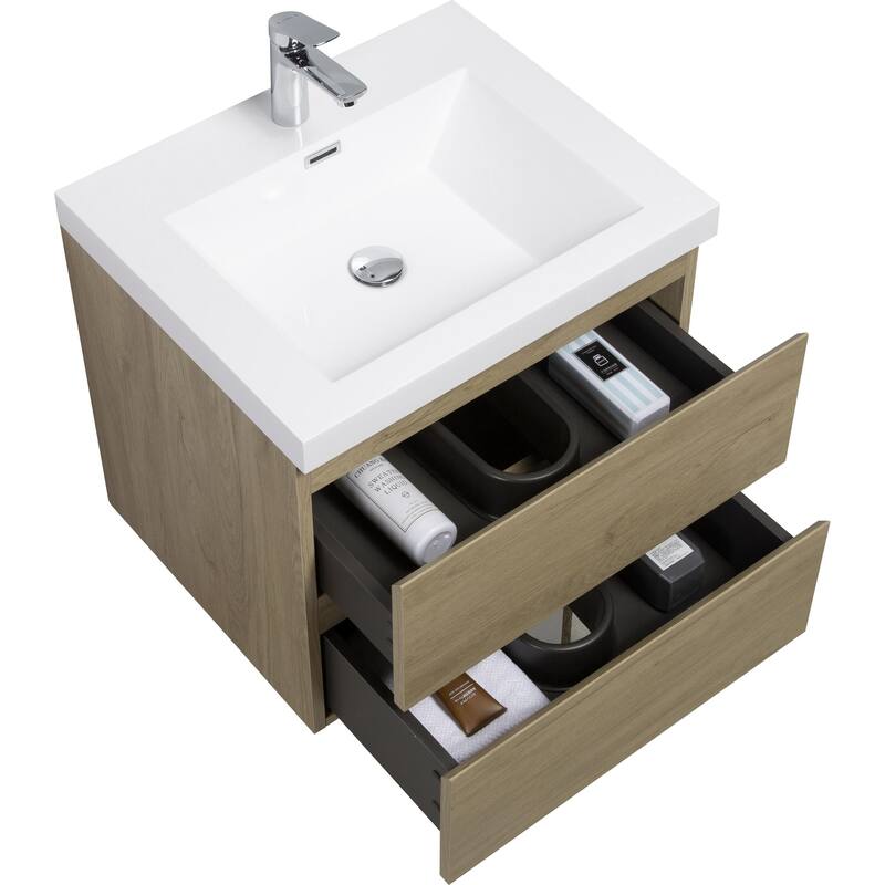 35.5-Inch Floating Bathroom Vanity with Glossy Resin Sink, Ash Grey Color, Wall-Mounted Design, 2 Drawers