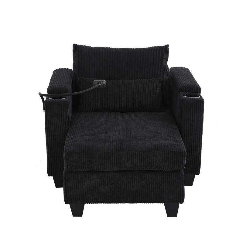 Convertible Chaise Lounge Sofa Chair with USB Ports, Storage 37.4" Corduroy Sleeper Sofa Bed with Adjustable Backrest