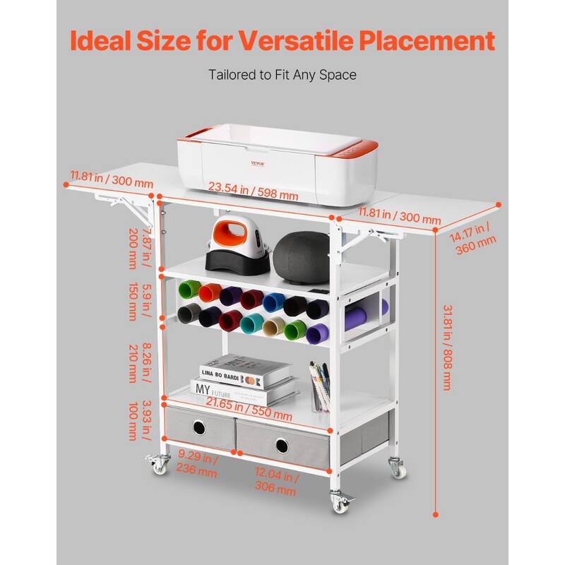 Crafting Table with Vinyl Roll Rack and Foldable Storage Organizer - 23.54” x 14.17” x 31.81”