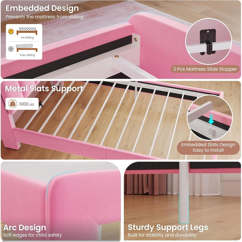 LED Bed Frame Storage DrawerSafety Guardrails Velvet Princess Platform Bed Kids