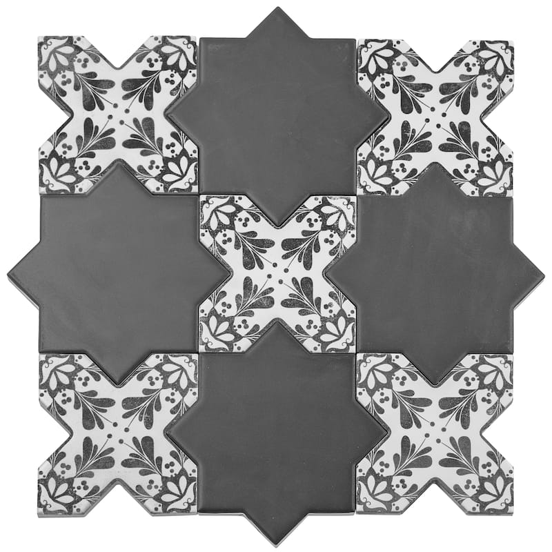 Siena 5" Star with Cross Deco Matte Ceramic Wall and Floor Tile (10.76 sq ft/case) - 54 Pack - Charcoal Black