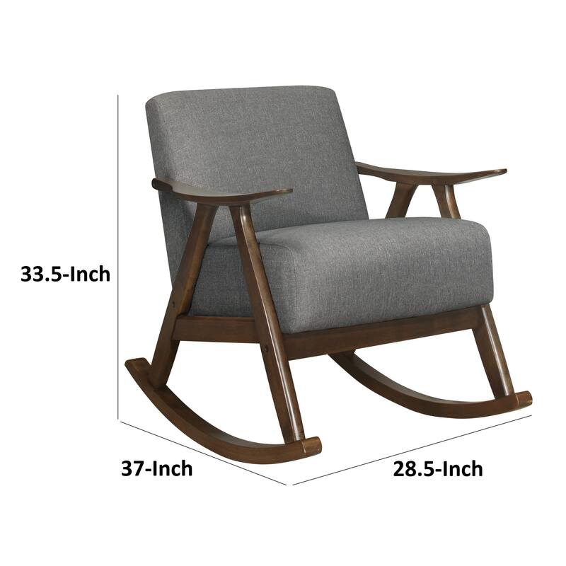 Tim 37 Inch Rocking Armchair, Gray Polyester, Walnut Brown Solid Wood