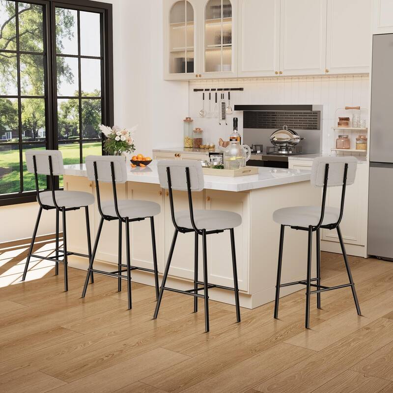 Boucle Upholstered Bar Stools Set of 2, Modern Counter Height Bar Chairs with High Back, Footrest and Metal Leg