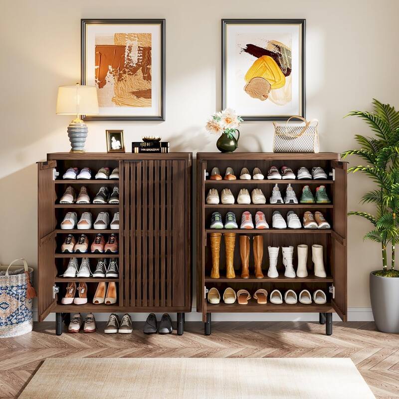 6-Tier Shoe Cabinet with Shutter Doors Adjustable Shelves Wooden Storage Cabinet for Entryway/Hallway/Closet/Living Room