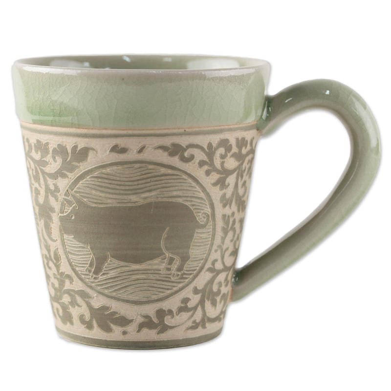 Handmade Thai Zodiac Pig Celadon ceramic mug (Thailand)