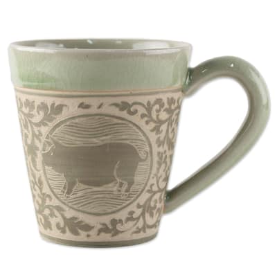 Handmade Thai Zodiac Pig Celadon ceramic mug (Thailand)