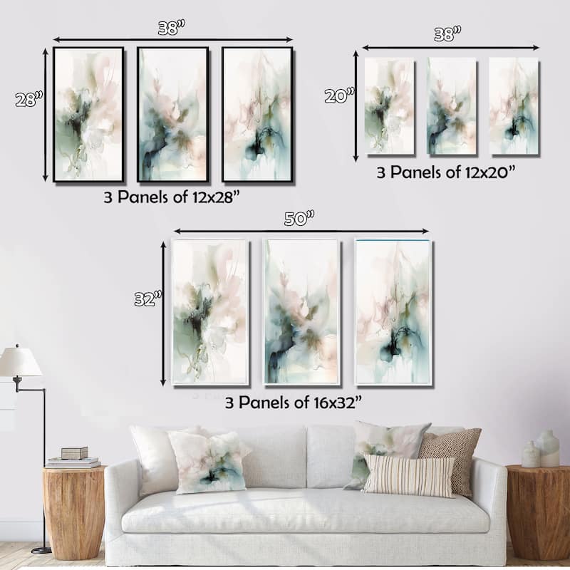 Designart "Green And Cream Essence Of Modernity III" Abstract Framed Wall Art Set Of 3 For Living Room Decor