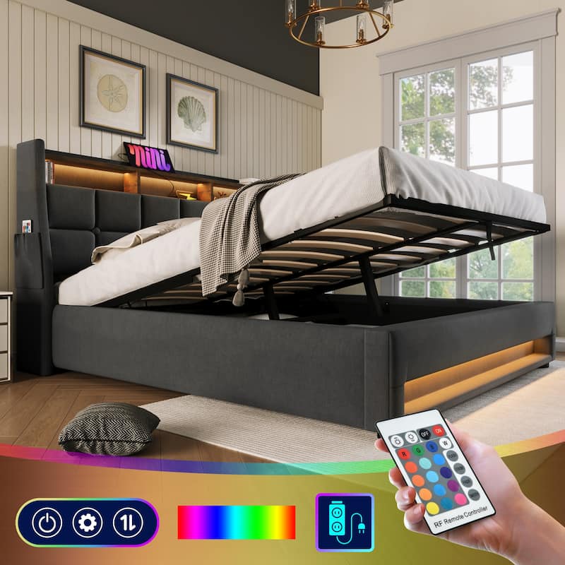 Full Size Upholstered Platform Bed with Hydraulic Storage System, LED and USB Charging