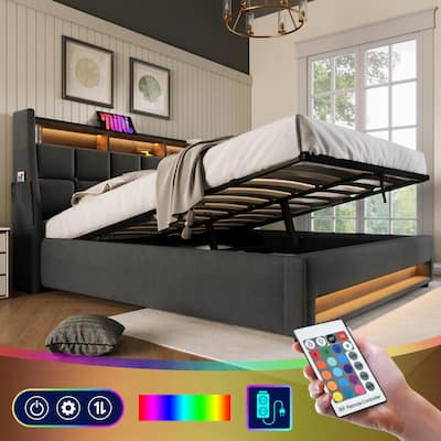 Upholstered Platform Bed with Hydraulic Storage, LED, and USB Charging