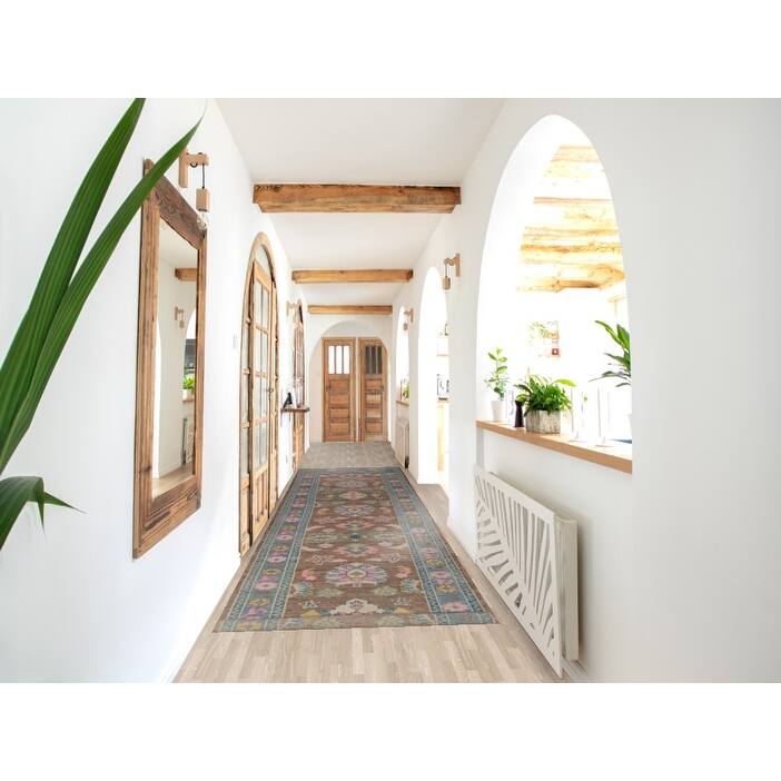 Hand Knotted Oriental 100% Wool Carpet Transitional Floral Brown Oushak Runner Rug - 15' 3'' X 3' 4''