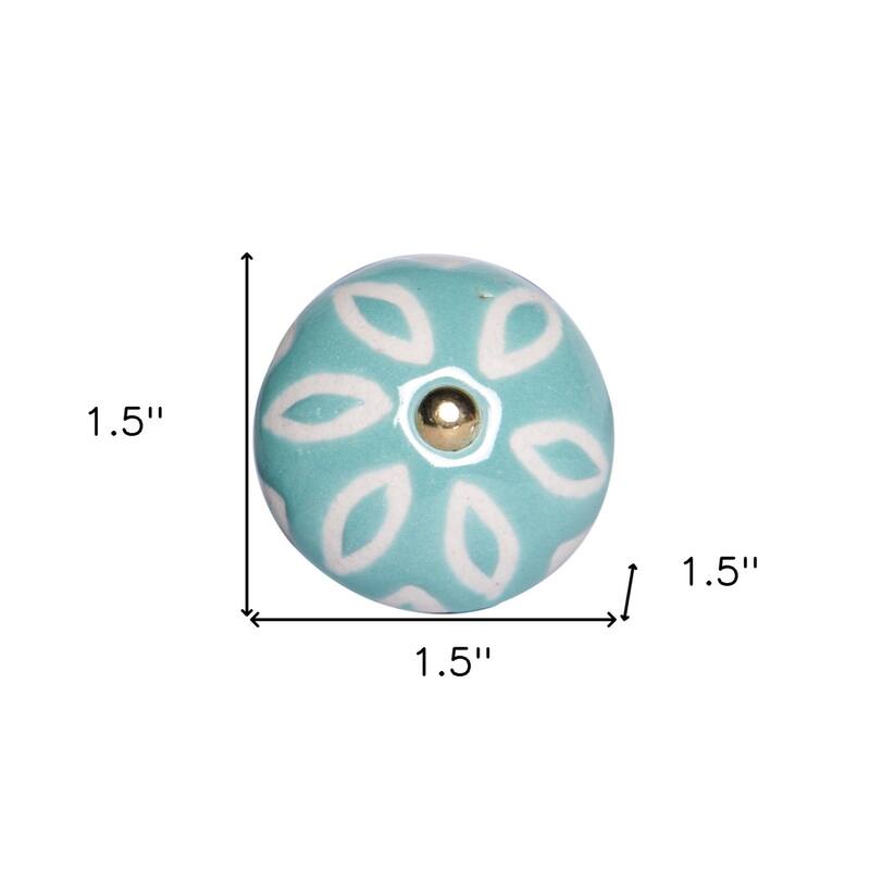 Set of 8 Turquoise and White Ceramic Drawer Pull Knobs for Cabinets - 1.50” x 1.50” x 1.50”