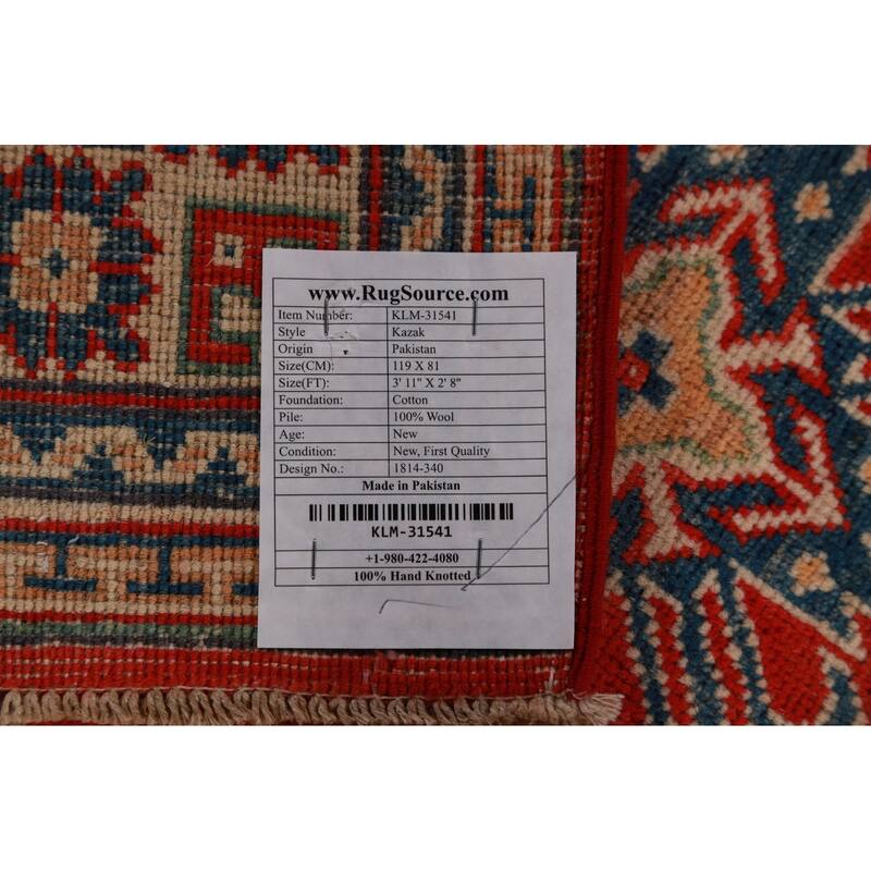 Geometric Kazak Foyer Rug Red Handmade Wool Carpet - 2'8"x 3'11"