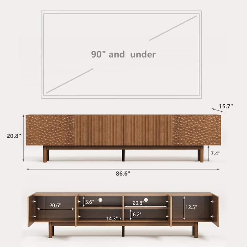 86.6'' Modern Wood TV Stand with Textured Doors & Storage, Media Console for Living Room & Bedroom, Fits TVs up to 90''