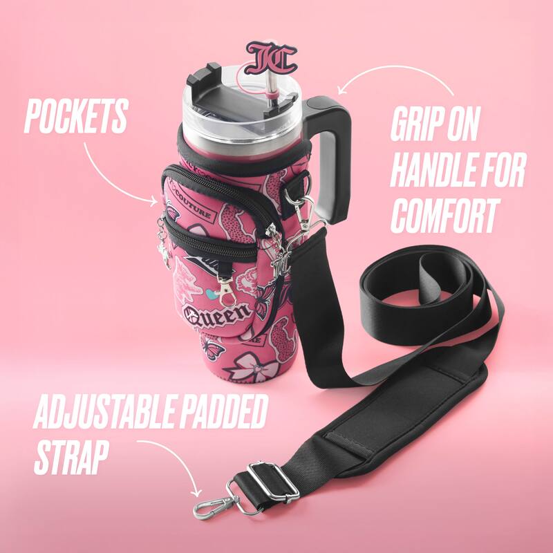 Juicy Couture Jetsetter Hydration Stainless Steel Tumbler with Handle, Straw & Topper with Neoprene Crossbody Pouch