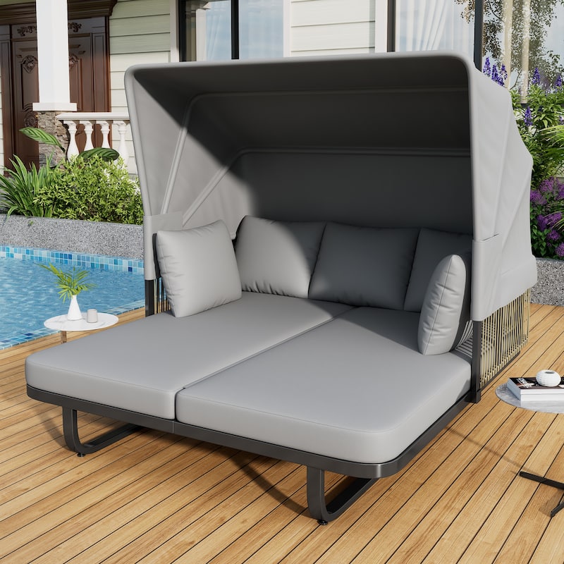 57" Outdoor Patio Daybed Rattan Daybed with Detachable Pillows - Grey