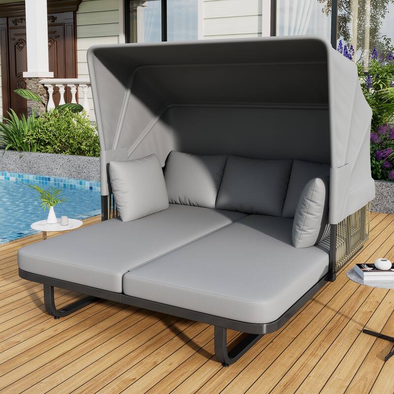 Outdoor 57" Rattan Daybed Sunbed with Retractable Canopy & Pillows - Grey
