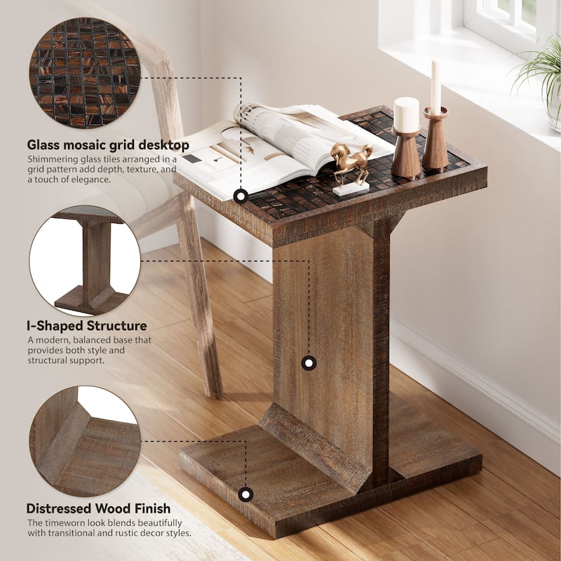 COZAYH Transitional Wood End Table with Glass Tile Checkerboard Top, Retro-Inspired Nightstand with I-Base and Weathered Finish