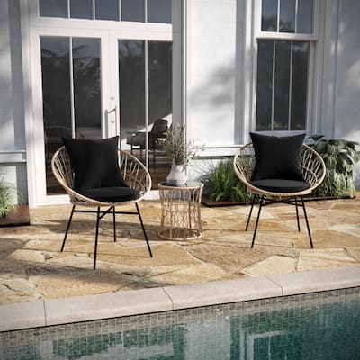 Indoor/Outdoor Rattan Rope Bistro Set, Glass Top Table & Cushions
