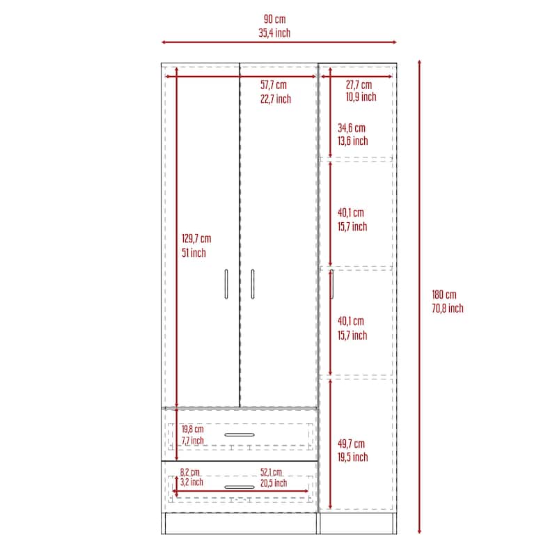TUHOME Austral 3 Door Armoire with Drawers, Shelves, and Hanging Rod - N/A