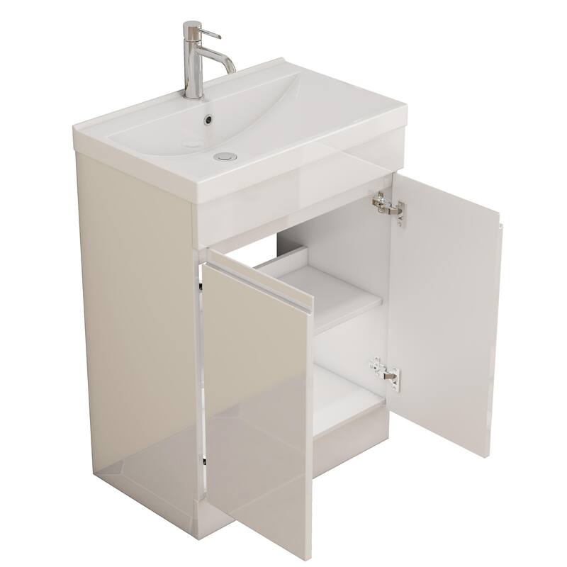 Modern Bathroom Vanity 24 Inch, All-in-One with Sink, Mirror & Handle-Free Storage, Soft-Close and Easy Assembly