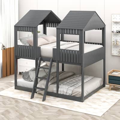 WoodBunk Bed with Roof, Window, Guardrail, Ladder