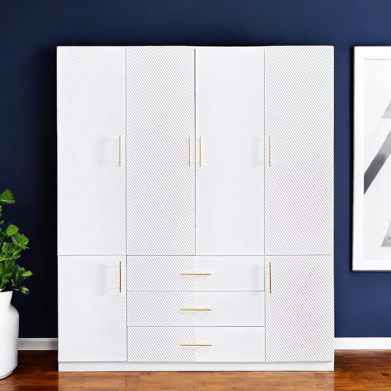 HomeRoots 74" White Carved Geometric Six Door Three Drawer Combo Dresser - White - 3-drawer