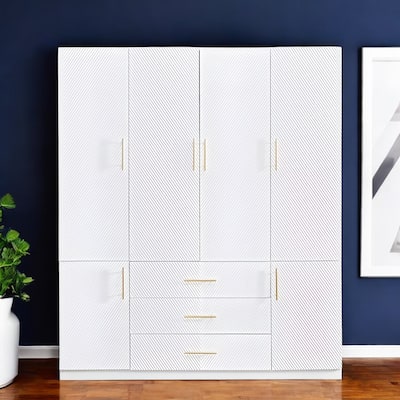 HomeRoots 74" White Carved Geometric Six Door Three Drawer Combo Dresser