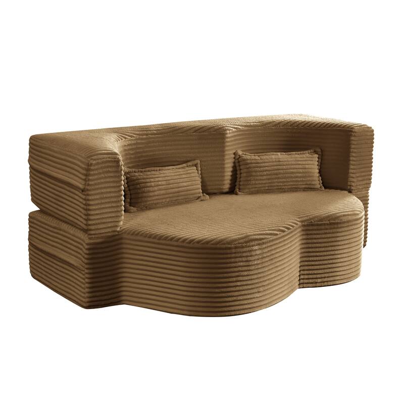 Floor Sofa With 2 Pillows,Convertible Plush Corduroy Foam-Filled Sleeper Sofa Bed,15" Full Size Folding Mattress,Guest Bed