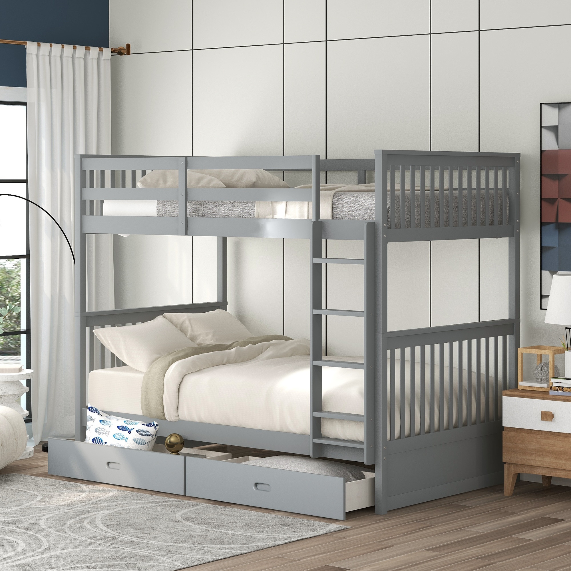 Twin-Over-Twin Bunk Bed with Ladders and Two Storage Drawers, Gray