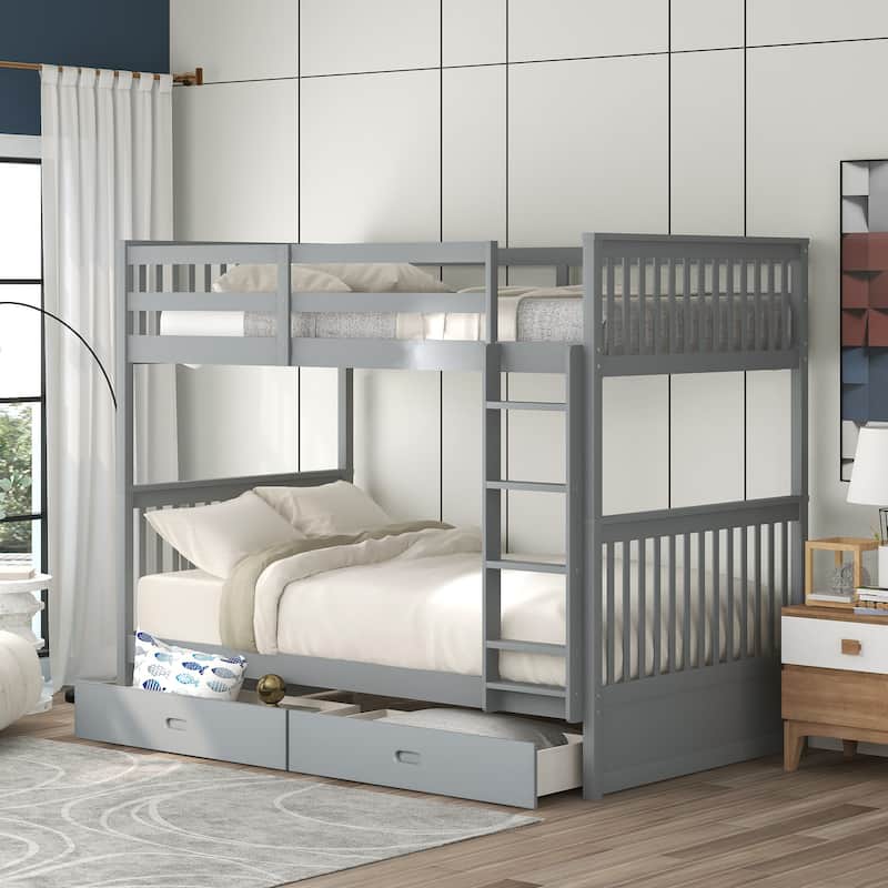 Twin-Over-Twin Bunk Bed with Two Storage Drawers, Separates into Two Beds, Sturdy Pine Wood Frame, Multiple Colors - Grey - Twin