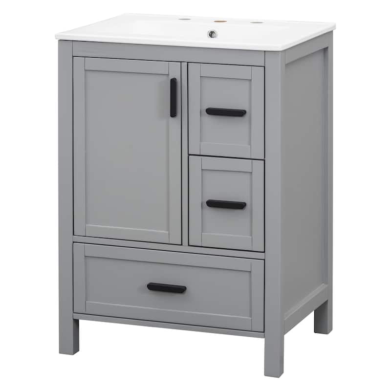 Solid Wood Frame Bathroom Vanity Cabinet with Ceramic Sink, Space-Saving 24-Inch Vanity