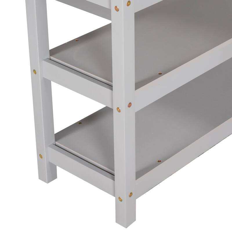 Full/Twin Loft Bed with Integrated Desk and Shelves, Space-Saving Wooden Frame, Durable Pine Wood and MDF, Guardrails Included