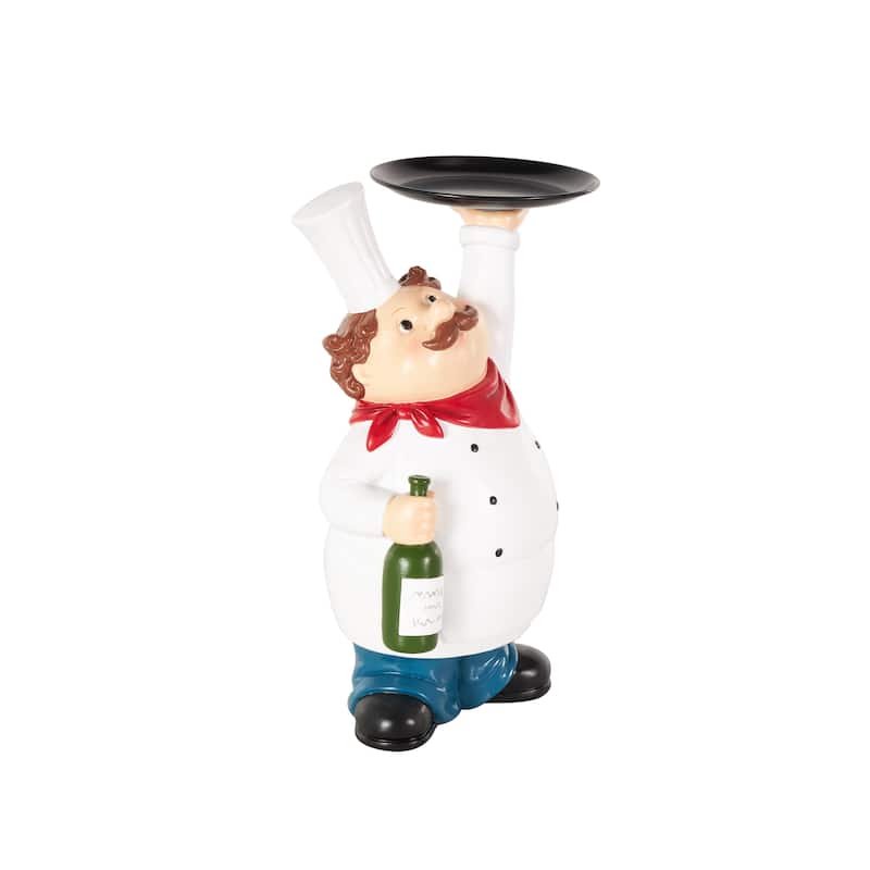 White Polystone Kitchen Decorative Figurine Chef Decorative Sculpture with Black Tray and Green Bottle