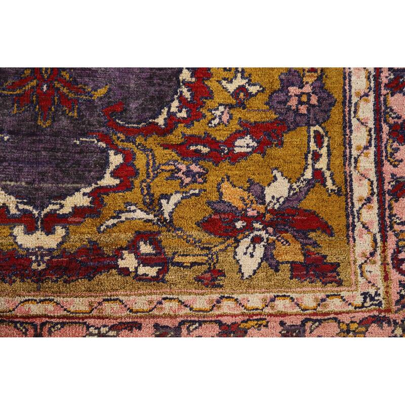 Hand Knotted Oriental Silk Carpet Transitional Medallion Purples Anatolian Area Rug - 5' 2'' X 4' 0''