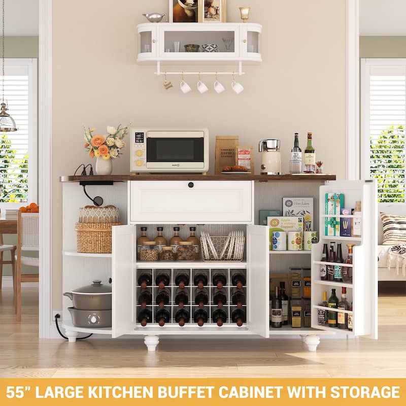 55'' Farmhouse Buffet Cabinet with Charging Station, Coffee Sideboard for Kicthen and Bar